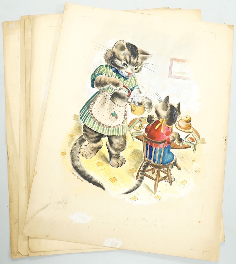 Enid Bond (20th. C), Set of six original watercolours for postcard designs, Humorous animals to include: cats, squirrels and badgers, each signed and inscribed in pencil, unframed, 36 x 27cm